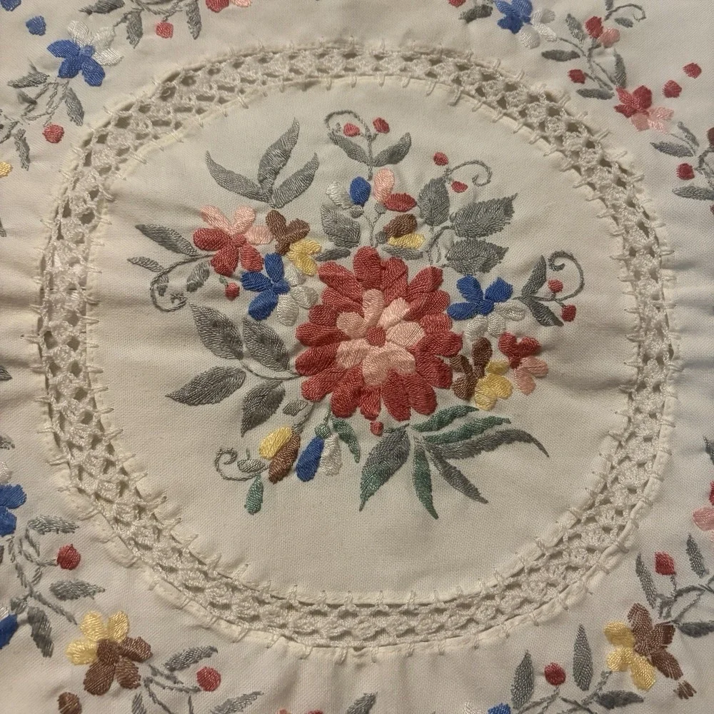 Vintage Pillow Case Handmade Embroidered Cottage Square Lace Accent Throw Zip